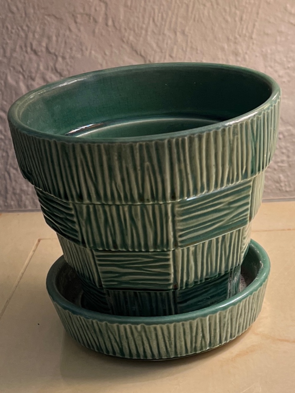 MCCOY POTTERY 1950'S BASKETWEAVE GREEN FLOWER POT PLANTER 5.25" EXCELLENT VTG - Picture 4 of 5